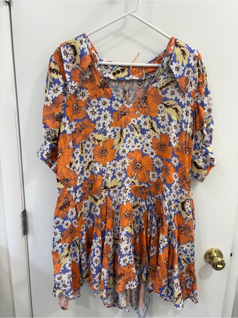 Free People Orange, Blue & Cream Floral Short Sleeve Top